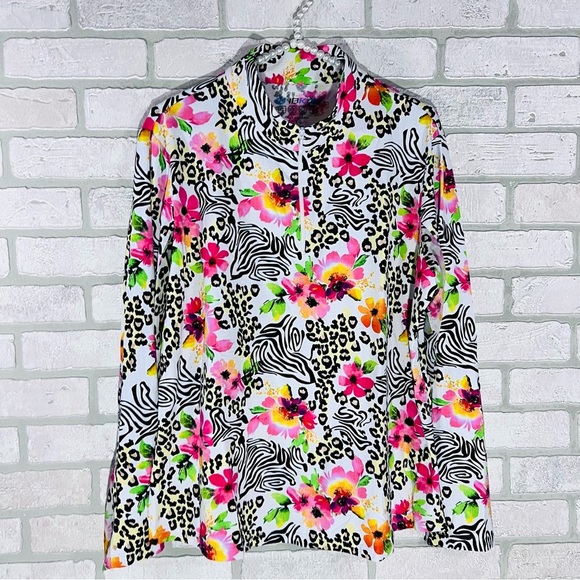 IBKUL Flower Zebra Leopard Print Long Sleeve Quarter Zip Top Size XXL - Picture 5 of 9